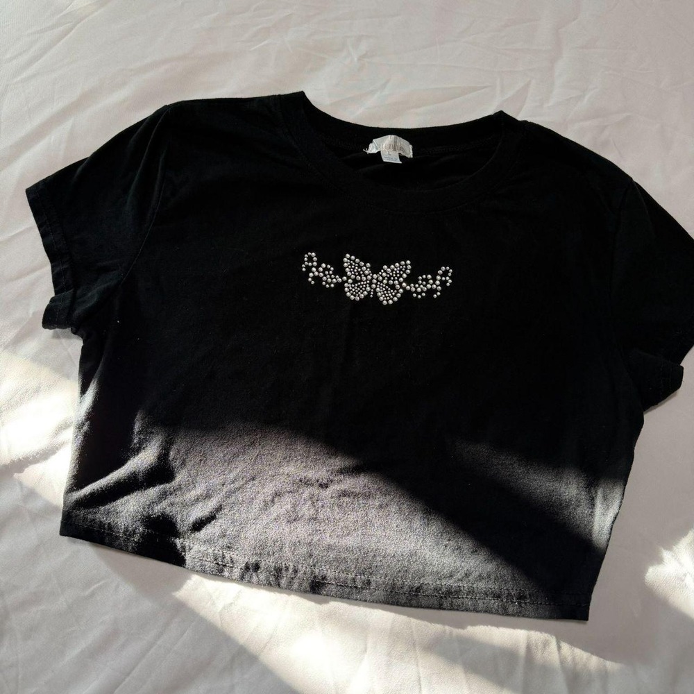 Belle Tweed Rhinestone Butterfly Baby Tee Black Y2K Cropped Top Large
